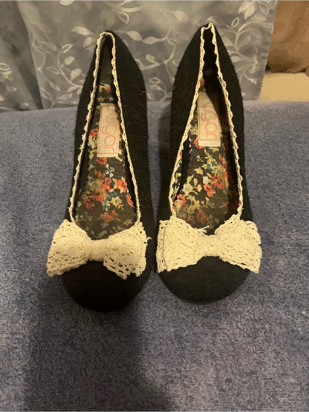 Sugar Black Ballet Flats with Cream Crochet Bow